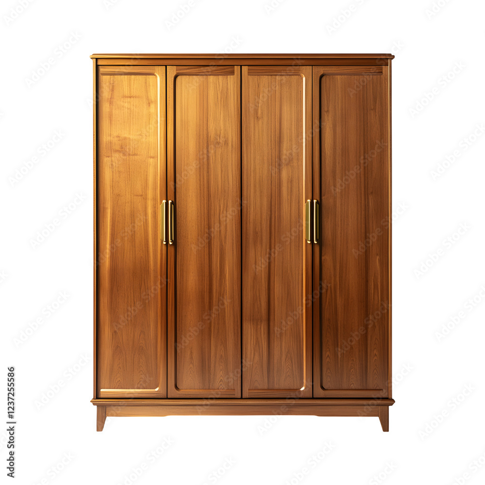 Tall Wooden Wardrobe with Brass Handles Isolated on Transparent Background Tall Wooden Wardrobe with Brass Handles Isolated on Transparent Background