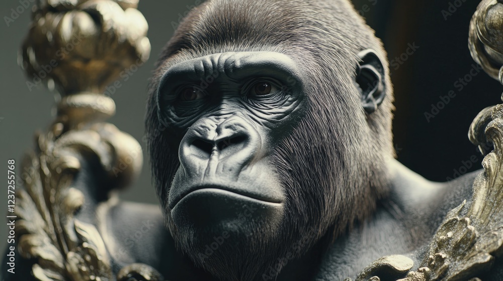 This is an up-close image of a highly detailed and realistically crafted gorilla statue. The statue captures the intensity and majesty of this powerful primate, making it a captivating piece of art. This is an up-close image of a highly detailed and realistically crafted gorilla statue. The statue captures the intensity and majesty of this powerful primate, making it a captivating piece of art.