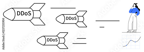 Three missiles labeled DDoS attack a figure and a rising graph. Ideal for cybersecurity, risk management, data protection, hacking, online threats, cyber warfare, business continuity. Abstract line