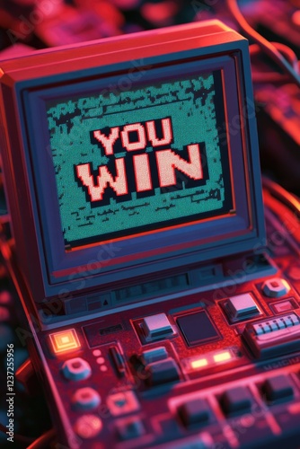 A retro-styled computer screen with a congratulatory message.