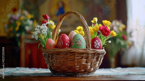 A festive wicker basket filled with brightly colored eggs and a bouquet of flowers, making for a vibrant Easter celebration table setting.
