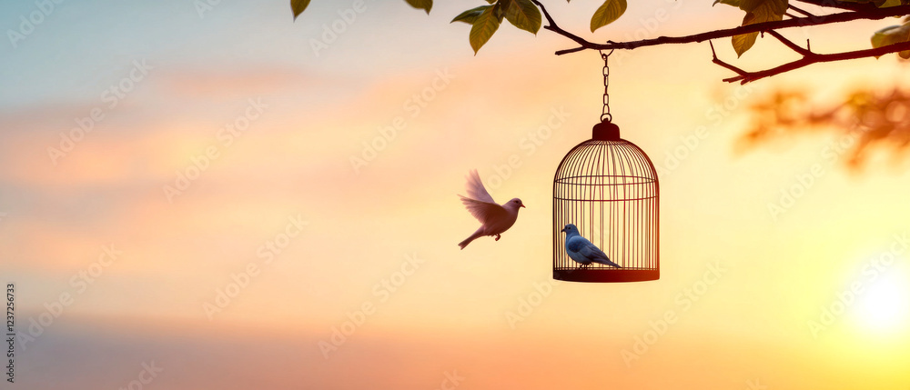 Obraz premium A serene sunset scene featuring a birdcage with a bird inside and another bird flying nearby, symbolizing freedom and confinement.