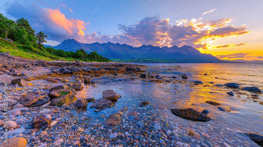 Fototapeta premium Sunset over coastal mountains, rocky beach, calm sea