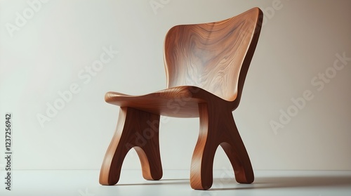 a unique wooden chair with rough seat and uneven legs, space for copy photo