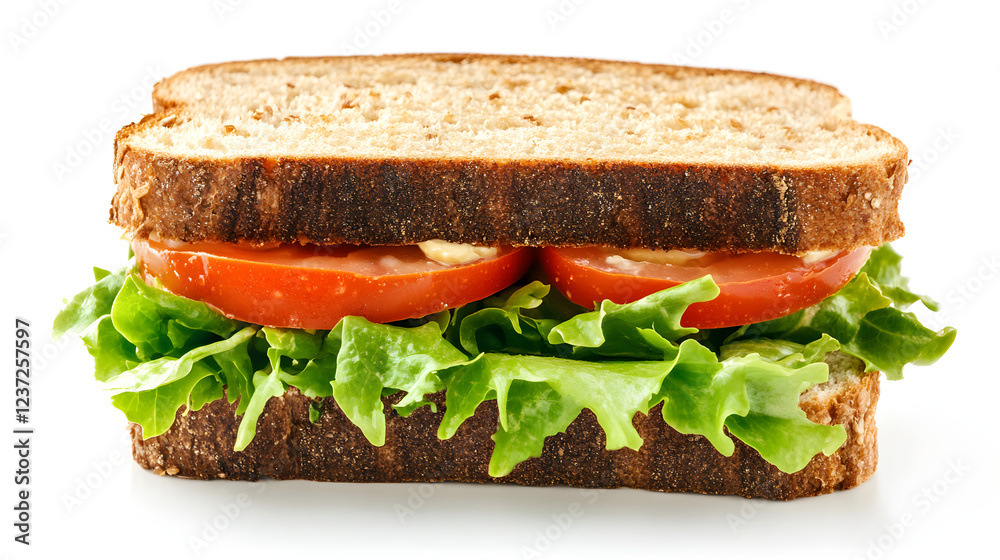 Egg salad sandwich with mayonnaise, lettuce, and tomato on whole wheat bread. Egg salad sandwich with mayonnaise, lettuce, and tomato on whole wheat bread.