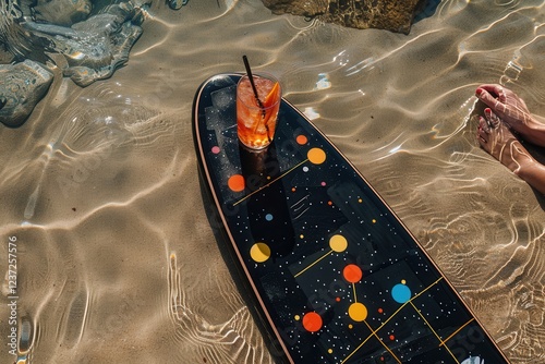 Colorful paddle board with Aperol spritz and hopscotch in sandy setting