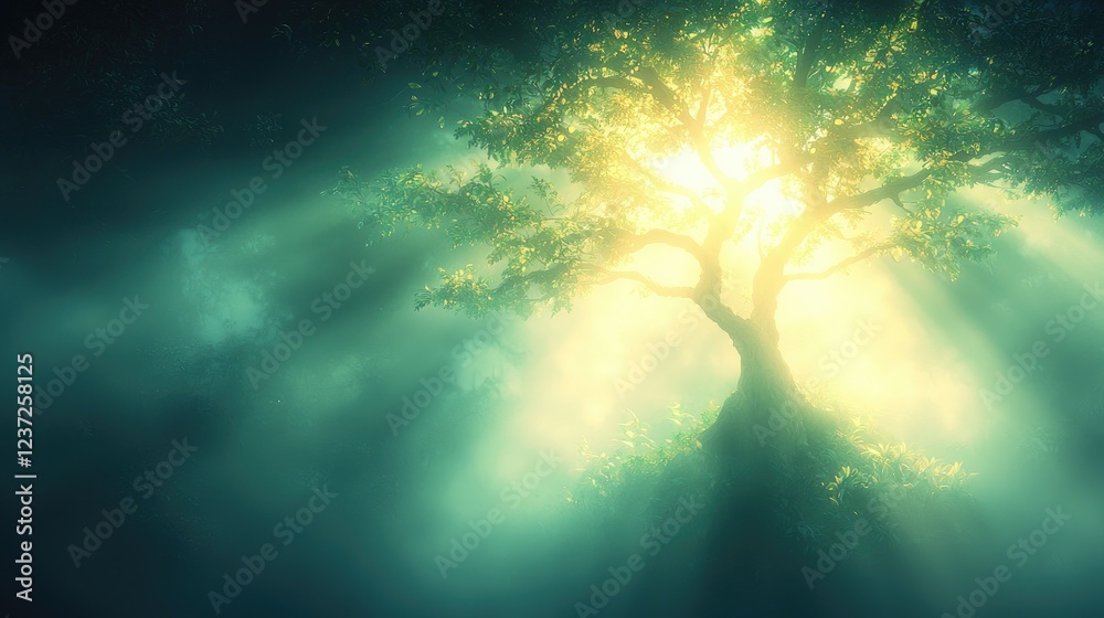 Naklejka premium Mystical tree glowing in dark forest, fantasy background, game design