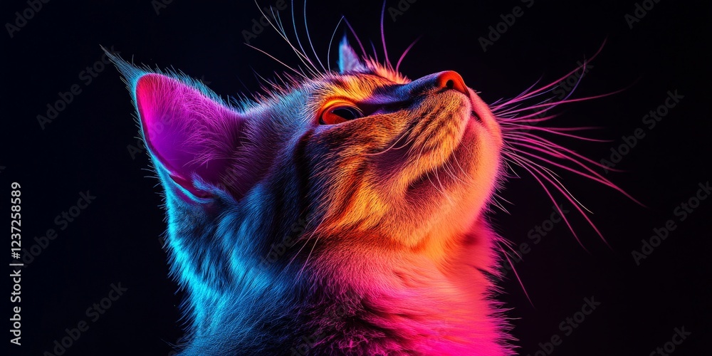A cat illuminated with vibrant neon lights, creating a cyberpunk aesthetic. Ideal for futuristic, creative, and artistic themes.