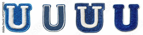 Alphabet U, made of Patch White on Blue Felt, Logo design, letter, isolated on a transparent background