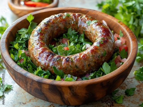 A fresh, healthy entree featuring a juicy sausage served alongside crisp vegetables and herbs, ready to enjoy. photo