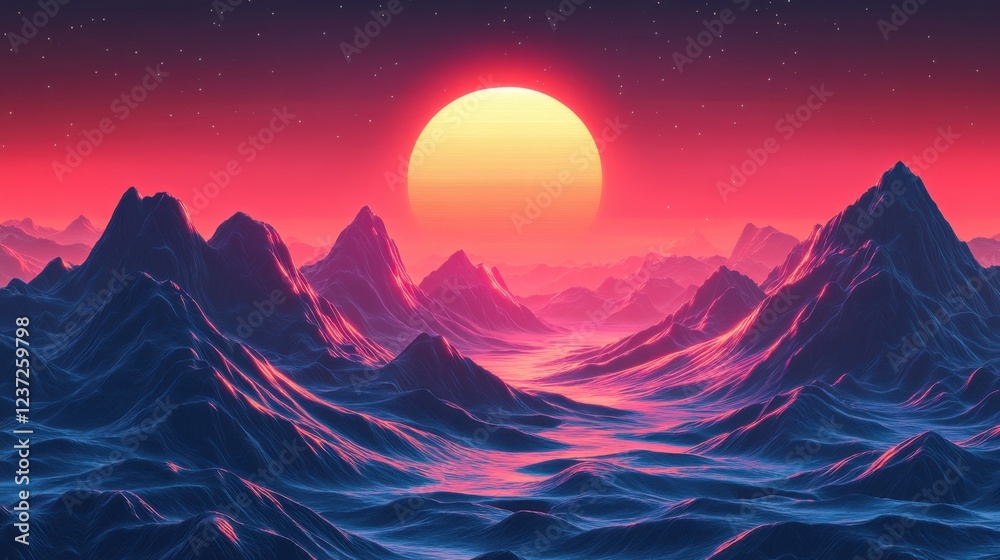 Surreal sunlit mountain landscape with neon colors and starry sky at dusk Surreal sunlit mountain landscape with neon colors and starry sky at dusk