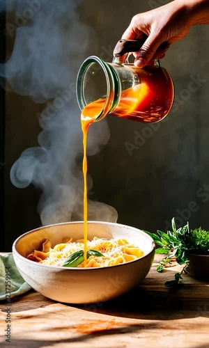 A steaming bowl of fresh pasta is enhanced as a rich sauce is poured over it, creating an inviting, savory meal.