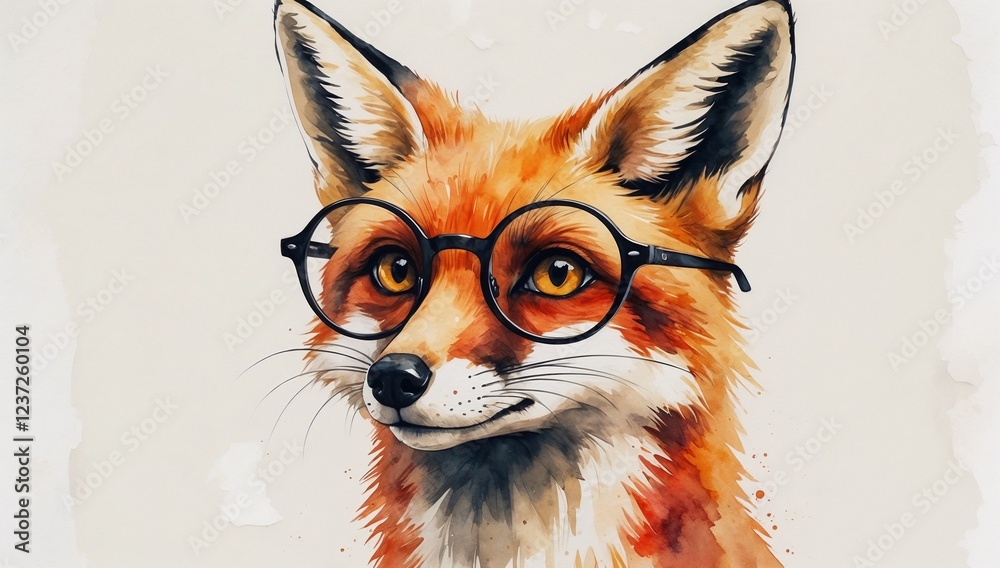 Obraz premium Wise fox character wearing glasses with a friendly expression in a watercolor art style