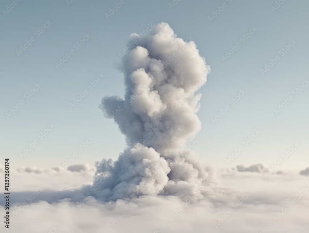 Close-up of a large, dense cloud of volcanic ash and smoke billowing into the sky with dark grey clouds above it. Close-up of a large, dense cloud of volcanic ash and smoke billowing into the sky with dark grey clouds above it.