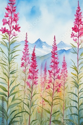 Watercolor field of bright red fireweed flowers blooming under a pale blue northern summer sky