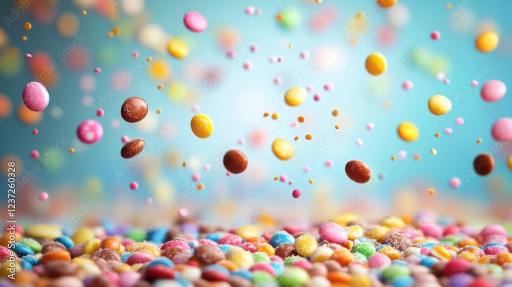 Colorful candies falling in motion against a blue background Colorful candies falling in motion against a blue background
