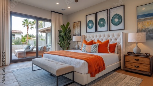 Modern bedroom with cozy decor and patio view featuring orange accents and contemporary art