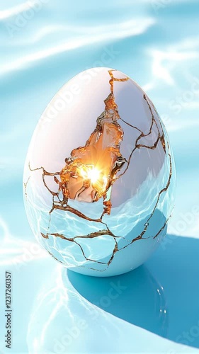 Luminous golden lines spreading across cracked porcelain white egg surface, reflecting soft azure glow. Easter concept