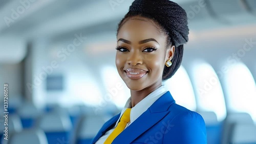 Portrait of a smiling young flight attendant wearing blue uniform and yellow tie inside the cabin of a commercial airplane