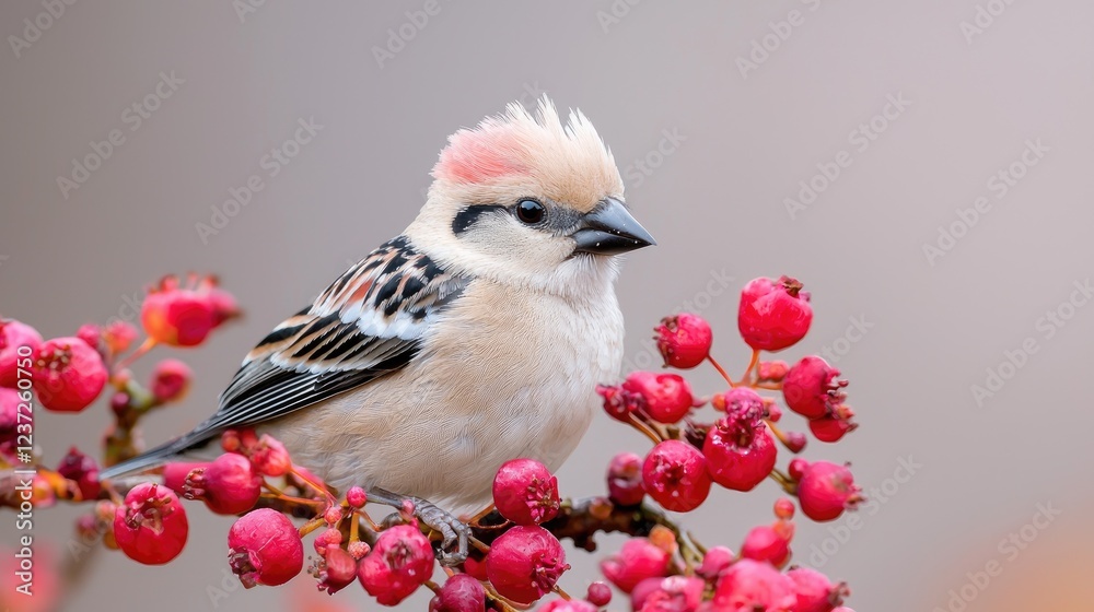 Fototapeta premium Pink-billed bird on red berries, winter scene