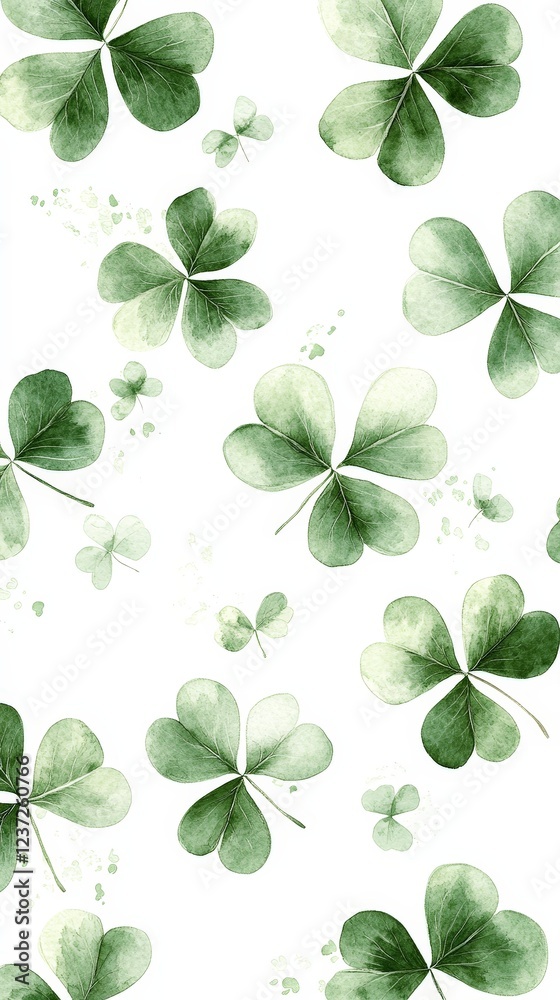 A seamless watercolor shamrock pattern on a white background. Ideal for festive decorations, St. Patrick's Day, and Irish-themed designs. A seamless watercolor shamrock pattern on a white background. Ideal for festive decorations, St. Patrick's Day, and Irish-themed designs.