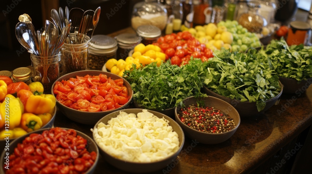 Obraz premium A clean, organized kitchen countertop with a variety of fresh produce, spices, and utensils neatly arranged, ready for cooking with soft natural light