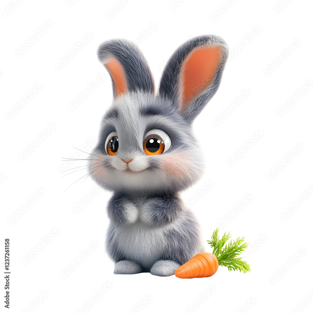 Obraz premium Fluffy 3D Cartoon Bunny with Glowing Soft Ears Sitting Next to a Carrot Isolated on Transparent Background