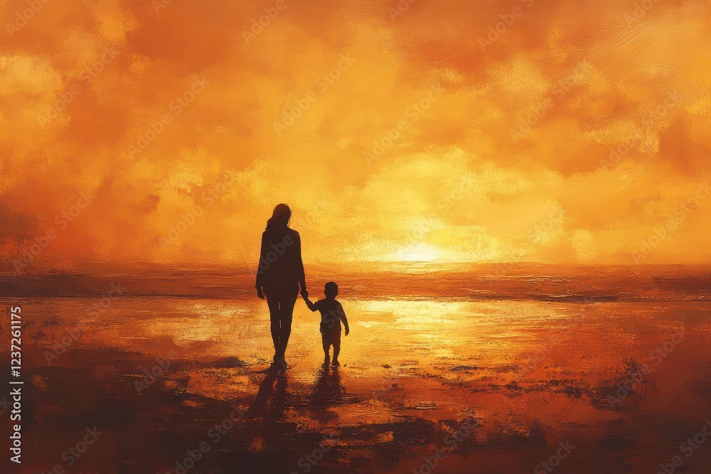 Fototapeta premium Mother Holding Her Child’s Tiny Hand as They Walk Along a Sandy Beach During Sunset, Their Silhouettes Glowing Against the Orange Sky, Peaceful and Heartwarming