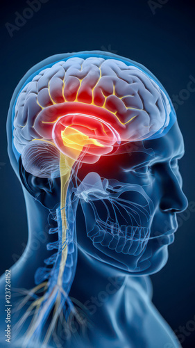 Human brain anatomy with highlighted midbrain.