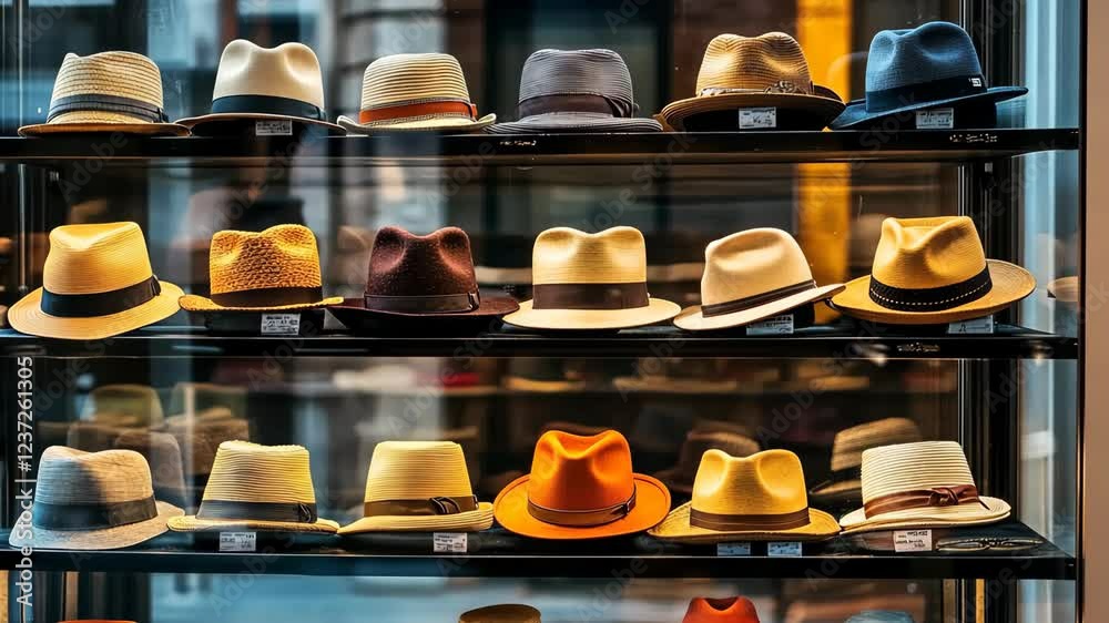 Variety of stylish hats displayed in a boutique window during a sunny afternoon