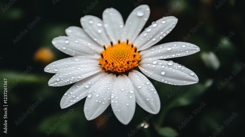 Obraz premium A close-up of a fresh flower with water droplets clinging to its petals, captured in the morning light, creating a peaceful and refreshing atmosphere