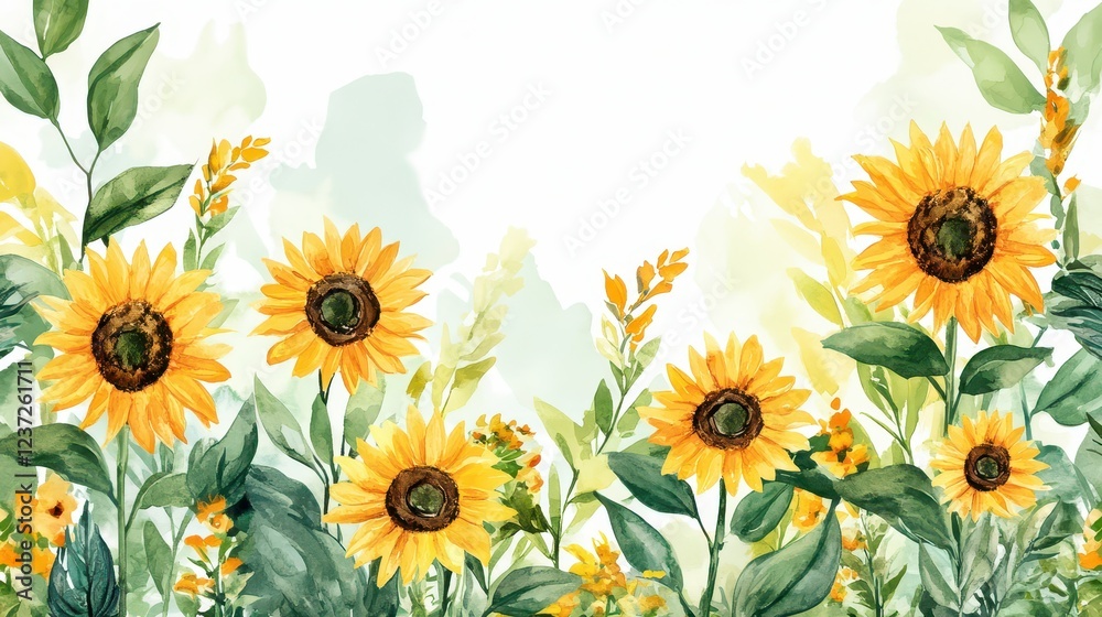 Naklejka premium Mother’s Day Watercolor Card Featuring Sunflowers and Vibrant Greenery, Bright and Heartfelt