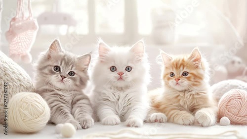 Three fluffy kittens, a grey, a white, and a ginger one, resting near yarn balls on a soft surface, creating a heartwarming scene