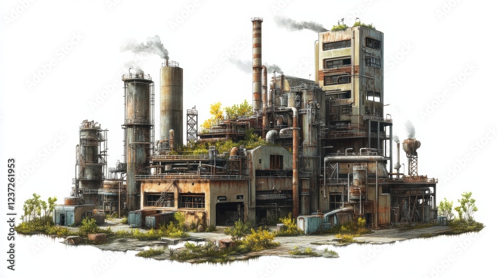 Industrial powerhouse: weathered factory with chimneys emitting smoke and overgrown vegetation Industrial powerhouse: weathered factory with chimneys emitting smoke and overgrown vegetation