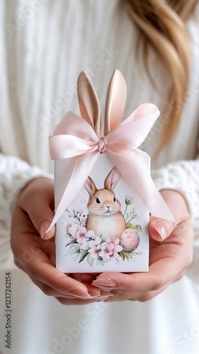 Woman presenting decorated gift boxes with bunny, floral, and pastel easter egg motifs, highlighting seasonal celebration