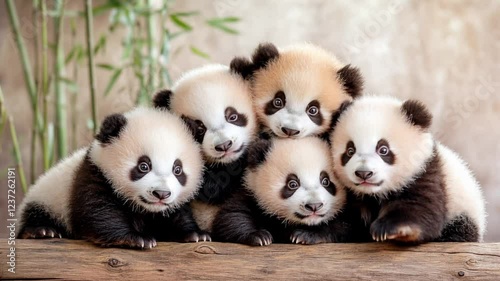 Adorable panda cubs sitting together on log, showcasing playful camaraderie and endearing wildlife connection in heartwarming group portrait