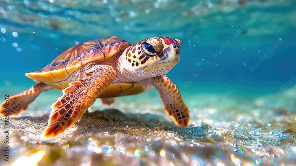Fototapeta premium Young sea turtle swimming over a sandy seabed in clear turquoise ocean water during a sunny day.