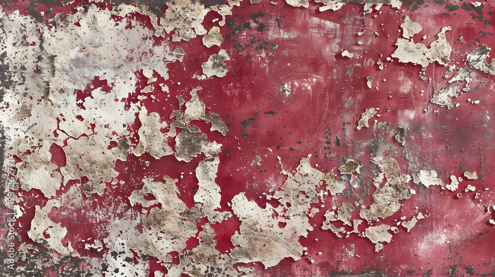 Fototapeta premium A textured surface with peeling red paint and exposed layers, showcasing wear and age.