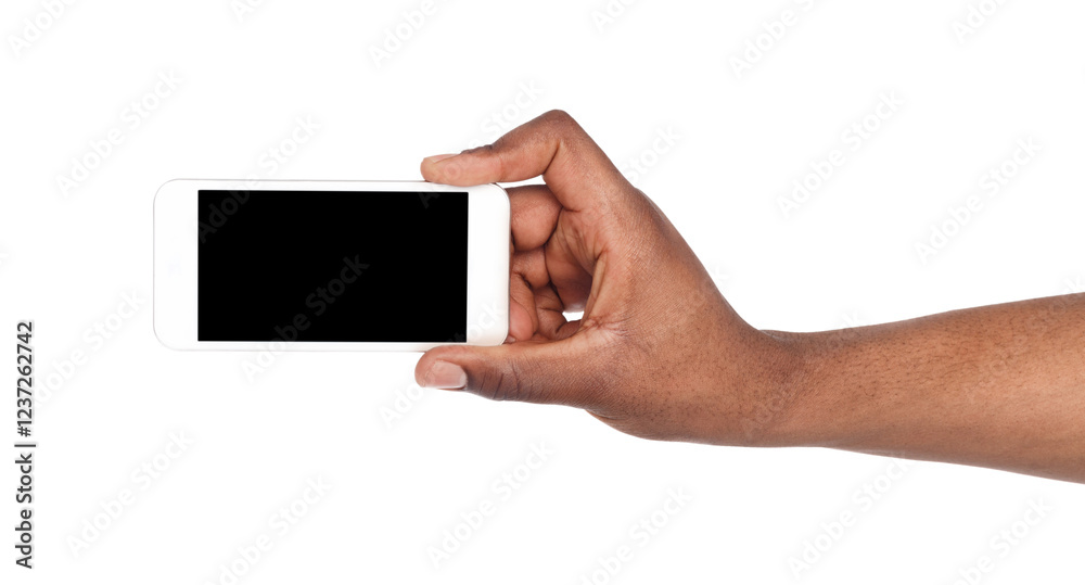 Hand holding mobile smart phone with blank screen, isolated on white background. Copy space for advertisement of mobile app, mockup Hand holding mobile smart phone with blank screen, isolated on white background. Copy space for advertisement of mobile app, mockup