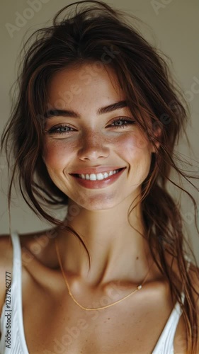 Attractive young woman with freckles smiles and poses against a neutral background, showcasing her natural beauty