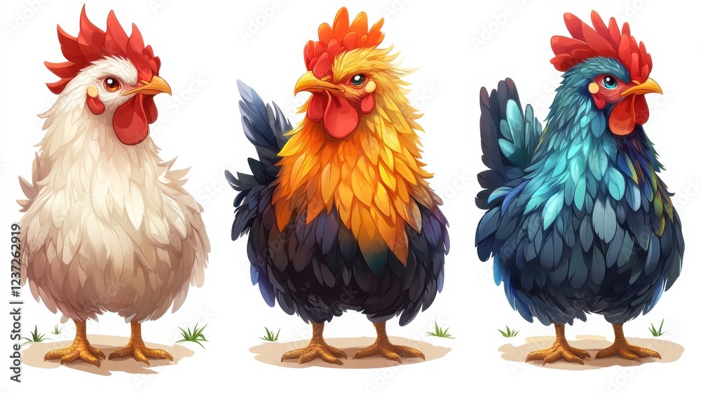 Fototapeta premium Three colorful cartoon chickens with unique feathers and expressions standing on grass
