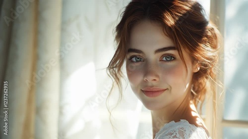 Radiant redhead bride in delicate white lace dress, softly posing near window with warm natural light, expressing romantic bridal elegance and joy
