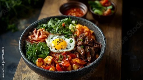 Bibimbap, a vibrant korean dish, rotates on display, showcasing its colorful ingredients of rice, meat, vegetables, and a fried egg