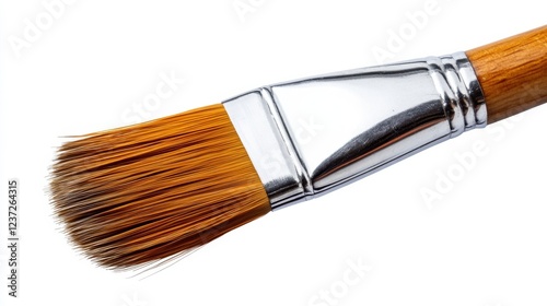 Close-up of a flat paintbrush with wooden handle and metallic ferrule photo