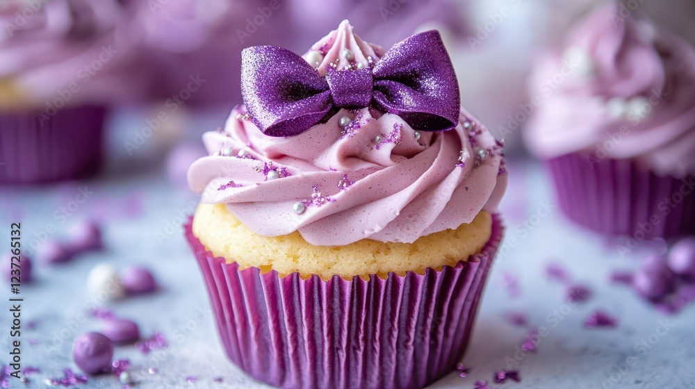 Whimsical Purple Ribbon Bow Adorning the Top of a Cupcake, Surrounded by Lavender Frosting and Edible Glitter Whimsical Purple Ribbon Bow Adorning the Top of a Cupcake, Surrounded by Lavender Frosting and Edible Glitter
