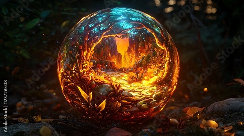 A luminous storytelling sphere projecting intricate, lifelike scenes a dynamic fantasy narrative with glowing effects. photo