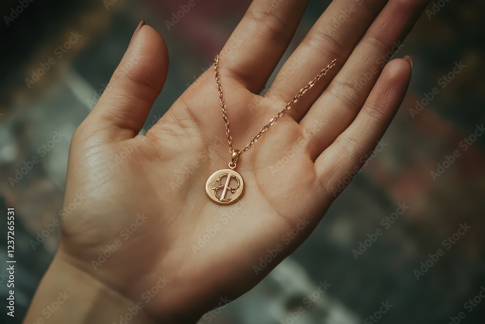 Woman’s Hand Holding a Necklace with a Delicate Female Symbol Pendant, Representing Personal Empowerment Woman’s Hand Holding a Necklace with a Delicate Female Symbol Pendant, Representing Personal Empowerment