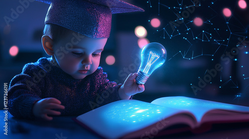 A baby on a high-tech learning station, wearing a shiny graduation cap and holding a holographic light bulb, while the open book beneath them projects a bright, interactive 3D worl photo