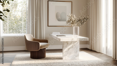 A serene home office bathed in natural light, featuring a marble desk, a comfortable armchair, and elegant neutral decor.