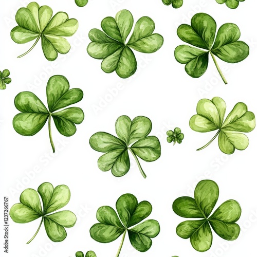 A seamless watercolor shamrock pattern on a white background. Ideal for festive decorations, St. Patrick's Day, and Irish-themed designs.